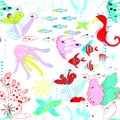 Underwater world with fish, jellyfish, sea horses, sea stars, corals, waterways