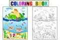 Underwater world with fish, plants, island and caravel coloring for children cartoon vector illustration Royalty Free Stock Photo