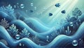 Underwater world with fish, seaplants, and bubbles, wavy pattern of ocean, gradient blues, backgrounds Royalty Free Stock Photo