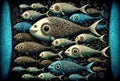 Underwater world. A flock of fishes in the ocean. Funny whimsical digital illustration