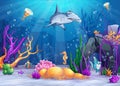 Underwater world with a funny fish and hammerhead shark