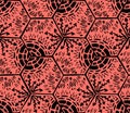 Underwater world. Hexagonal tiles. Seamless pattern. Black and coral colors