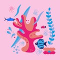 Underwater world, important fish, corals, shells, algae, pebbles and bubbles. Flat style, hand drawn, scandinavian style,