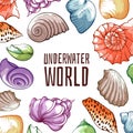 Underwater world inhabitants mussel, shellfish, oyster, bivalve mollusk, clam, scallop, cockleshell.