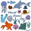 The underwater world and its inhabitants. Colored vector illustrations collection. Marine animals Royalty Free Stock Photo