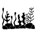 Underwater world, landscape with seaweed. plant silhouettes in a flat style. Monochrome, black and white. Royalty Free Stock Photo