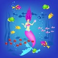 Underwater world, little mermaid, fishes, plants and a pearl, vector illustration Royalty Free Stock Photo