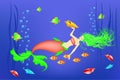 Underwater world, little mermaid, fishes, seashells plants vector illustration Royalty Free Stock Photo