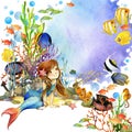 Underwater world. Mermaid and fish coral reef. watercolor illustration for children