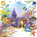 Underwater world. Mermaid and fish coral reef. watercolor illustration for children