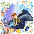 Underwater world. Mermaid and fish coral reef. watercolor illustration for children Royalty Free Stock Photo