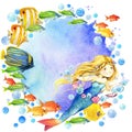 Underwater world. Mermaid and fish coral reef. watercolor illustration for children