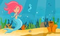Underwater world of mermaid, fish and sea horses. Wild nature of marine life water nymph cute nixie