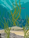 The underwater world of the northern river with fish and algae at the bottom. Realistic vector landscape Royalty Free Stock Photo