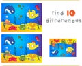 Underwater world, ocean floor with octopus, submarine, whale, fish, corals and sea shells. Educational game for kids: find ten di Royalty Free Stock Photo