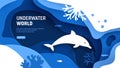 Underwater world page template. Paper art underwater world concept with dolphin silhouette. Paper cut sea background Royalty Free Stock Photo
