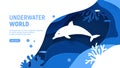 Underwater world page template. Paper art underwater world concept with dolphin silhouette. Paper cut sea background Royalty Free Stock Photo