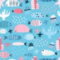 Underwater world pattern. Funny fish, corals and marine life. Seamless endless background Royalty Free Stock Photo