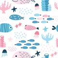 Underwater world pattern. Funny fish, corals and marine life Royalty Free Stock Photo