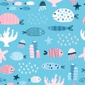 Underwater world pattern. Funny fish, corals and marine life Royalty Free Stock Photo