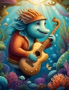 An underwater world scene with marine creatures playing guitar in a vibrant, fantasy art, whimsical, wallpaper