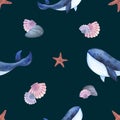 Underwater world with sea animals, whales, starfish and shells. Hand drawn watercolor illustration. Seamless pattern on