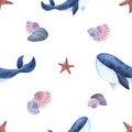Underwater world with sea animals, whales, starfish and shells. Hand drawn watercolor illustration. Seamless pattern on