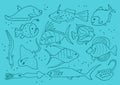 Underwater world sea life ocean fish icon set. Rare fish sketch collection. Hand drawn vector illustration.