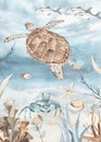 Underwater world, sea turtle, algae, fish, starfish watercolor card Royalty Free Stock Photo