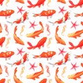 Underwater world seamless vector print. Koi carps, starfishes, s