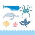 Underwater World Set flat icons. Animals Ocean. Shark and octopu