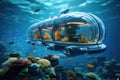 Underwater world with a submarine and corals. 3d render, The submarine of the future will be underwater next to coral reefs and Royalty Free Stock Photo