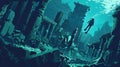 The underwater world of a sunken city, a woman floats above ancient columns and broken statues, a cartoon illustration Royalty Free Stock Photo