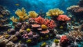 Underwater world teeming with colorful corals and fish, where vibrant hues intertwine and dance beneath the shimmering surface.