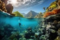 Underwater world of a tropical reef as diver gracefully amidst vibrant coral formations and colorful marine life.AI Generated Royalty Free Stock Photo