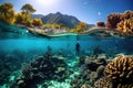 Underwater world of a tropical reef as divers gracefully amidst vibrant coral formations and colorful marine lifeAI Generated Royalty Free Stock Photo