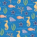 Underwater world vector illustration. Hand painted seamless pattern with colorful sea inhabitants, starfish, sea shells, sea Royalty Free Stock Photo