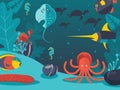 Underwater world vector illustration. Sea creatures in flat style, life at ocean bottom. Fish, octopus and eel under Royalty Free Stock Photo