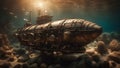 underwater world war machine _a steampunk A dynamic scene of a steampunk submarine exploring a coral reef,