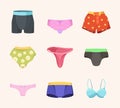 Underwear set. Male and female fashioned clothes lingerie cotton panties vector colored collection Royalty Free Stock Photo