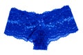 Underwear woman isolated. Close-up of luxurious elegant blue lacy thongs panties isolated. Clipping path. erotic lace fashion.