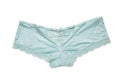 Underwear woman isolated. Close-up of luxurious elegant turquoise or light blue lacy panties isolated on a white background. Back
