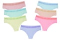 Underwear woman isolated. Close-up of a a set of pastel colored cotton panties isolated on a white background. Womens beautiful Royalty Free Stock Photo