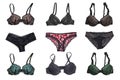 Underwear woman isolated. Collage of luxurious elegant lacy thongs panties and female stylish various bra with laces and straps. Royalty Free Stock Photo