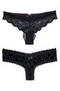 Underwear woman isolated. Collage set of two luxurious elegant black lacy thongs panties isolated on a white background. Clipping Royalty Free Stock Photo