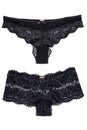 Underwear woman isolated. Collage set of two luxurious elegant black lacy thongs panties isolated on a white background. Clipping Royalty Free Stock Photo