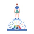 Underweight woman standing on scales in flat vector illustration isolated