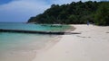 Undiscovered beach boat trees Jetty. Nice aerial top view flight drone