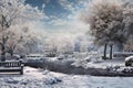 Undisturbed Panoramic winter park snow landscape. Generate Ai Royalty Free Stock Photo