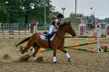 Undory, Ulyanovsk Region, Russia - September 2, 2018: Girl rider riding a horse performs at equestrian competitions